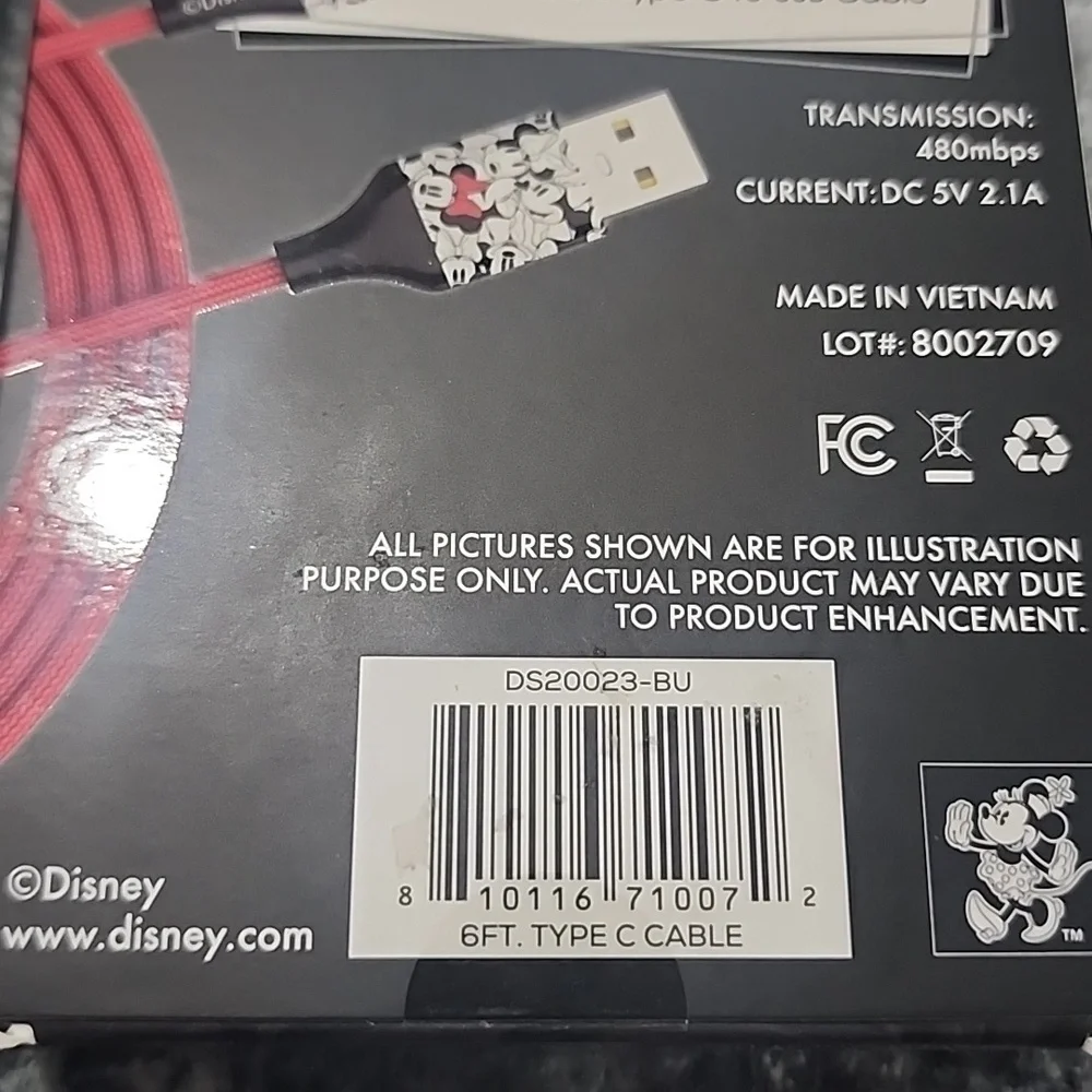 Disney Red Charging Cable with Mickey Design